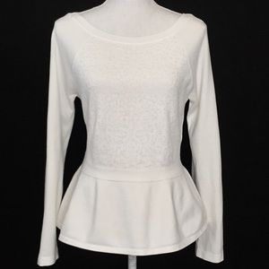 WHBM White peplum & lace sweater.  Sz L. EUC.